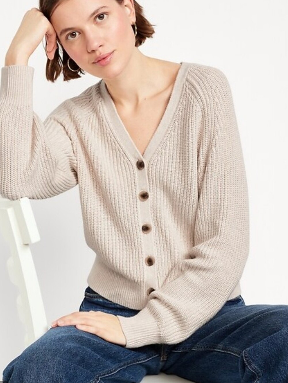 NWT Old Navy V Neck Shaker Stitch Cardigan Sweater White Heather Button Down LG
